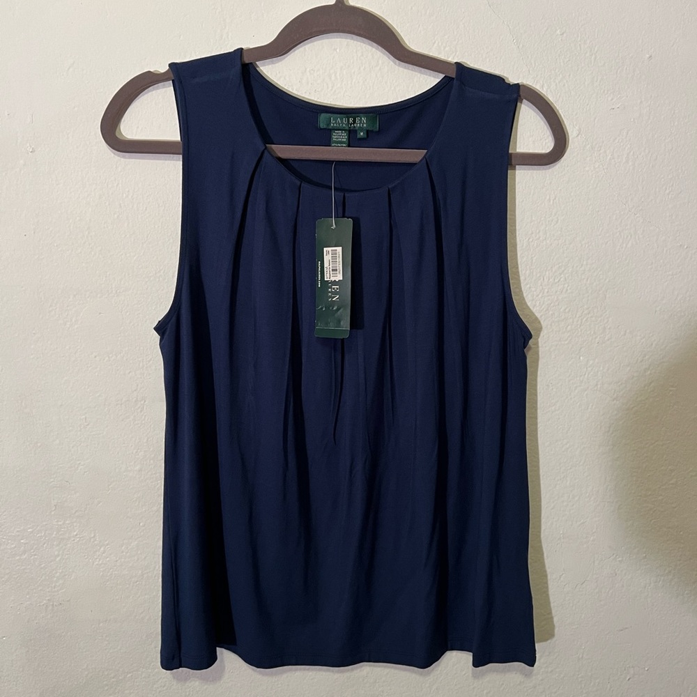 Lauren by Ralph Lauren Navy Sleevless Top : scoop neck pleated front Tank NWT